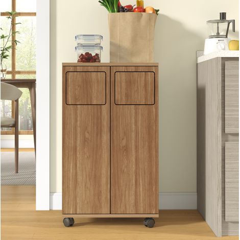 MODFU – Mobile differenziata 2 scomparti in MDF con ruote frenate, ante a 180° e supporti in acciaio inox – Rovere naturale (1/5)