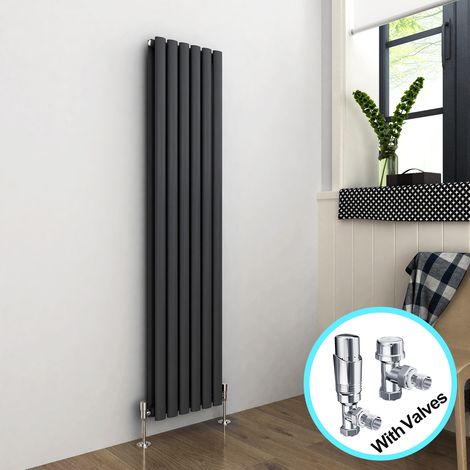ELEGANT Vertical Radiator 1600 x 354mm Double Panel Designer Anthracite Oval Column Heating Rad with Chrome Thermostatic Radiator Valves (1/5)