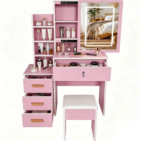 Coiffeuse avec miroir LED et tabouret rose, 4 tiroirs, grand espace de rangement et 3 températures d'éclairage réglables, élégante, de CHICFURN (1/5)