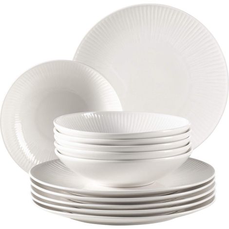 Service de table pour 6 personnes en porcelaine hôtelière en blanc 12 assiettes au design vintage, porcelaine durable (1/5)
