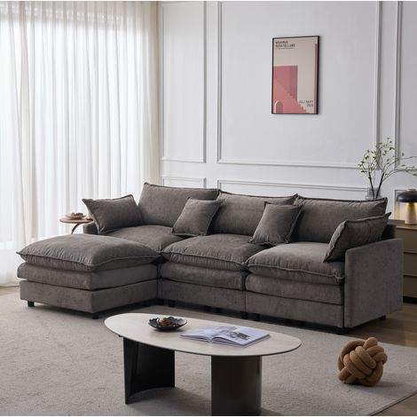 Divano angolare modulare 267x154x85 cm, 3 posti con pouf mobile, comfort prolungato, chenille grigio (1/5)