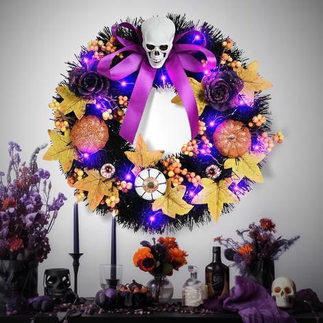 Couronne d'Halloween en forme de crâne avec nœud et éléments citrouille décoration porte décorations vacances 35 x 38 cm (1/5)