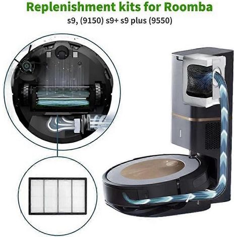 Accessoires pour aspirateur robot iRobot Roomba S9 9150 / S9+ Plus 9550 : filtre HEPA, brosse principale latérale et sac à poussière.