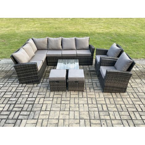 Fimous Rattan Gartenmöbel-Set Outdoor Lounge Ecksofa Set mit Quadratischer Couchtisch 2 kleine Fußhockern Sesseln 10 Sitzer Dunkelgrau gemischt