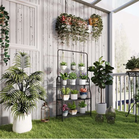 Étagère à plantes 3 niveaux en métal noir avec barre de suspension, 137 cm (1/5)