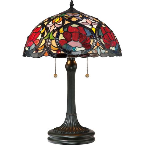 Lampada Da Scrivania Tiffany Larissa Metallo Bronzo Vintage 2 Luci E27