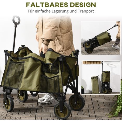 Chariot de jardin pliable pour plage – 4 roues, bâche amovible, poignée réglable, plateau inclinable, 5 poches de rangement, dimensions 108 x 55 x 93 cm, vert – Transport de plage optimisé (1/5)