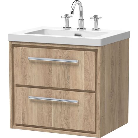 Longnor 2 Drawer Wall Hung Vanity Unit with 3 Tap Hole Modern Fireclay Basin, Light Oak, 600mm
