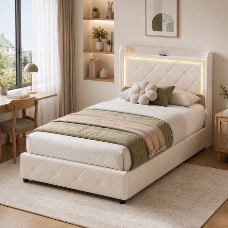 Lit 90x200, lit coffre avec sommier à lattes, led et usb, velours beige, style contemporain