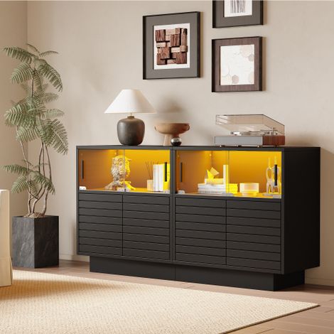 Buffet noir avec 2 armoires, 4 compartiments, portes vitrées et lumière LED, 130x35x68 cm (1/5)