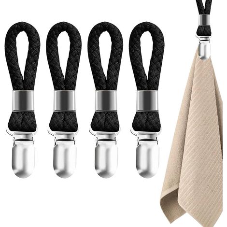 Fermagli per asciugamani - Porta asciugamani in acciaio inox, 4 pezzi - Ganci per asciugamani - Morsetto per asciugamani - Con anello per appendere - Adatto per casa, cucina e bagno - Nero (1/5)