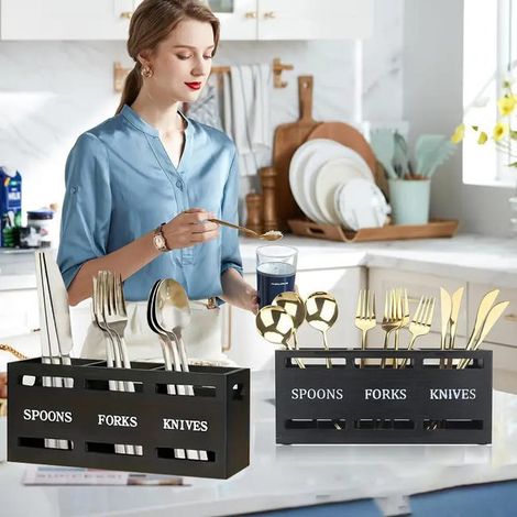 Dos cajas de almacenamiento de utensilios de cocina resistentes y duraderas, ideales para guardar cucharas, tenedores y cuchillos, y fáciles de transportar. Color negro. (1/5)