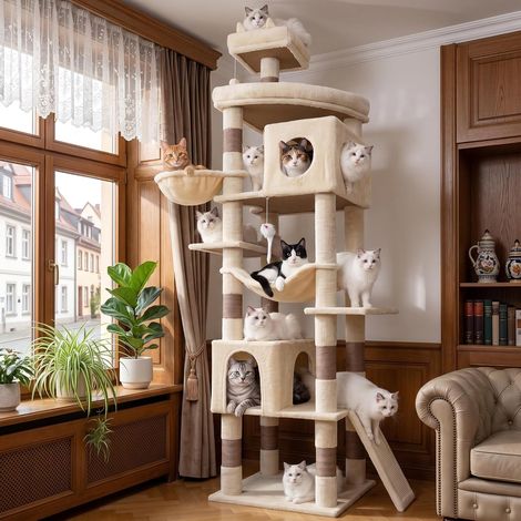Arbre à Chat 213cm XXL, Tour à Chat Géant pour Grands Chats, Beige (1/5)