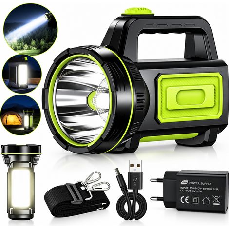 Lampe torche LED rechargeable USB 6000 mAh – Portée 1000 mètres – Étanche IPX4 – Modes haute/basse luminosité pour camping et urgences