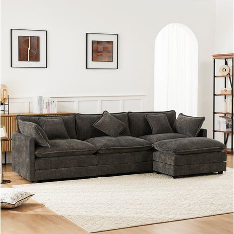 Divano angolare in ciniglia grigio scuro 283 x 147 cm con pouf mobile e chaise longue a L (1/5)