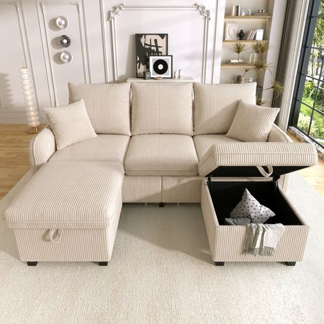 Sofa mit Schlaffunktion und Stauraum Cord Beige OKMYHOME (1/5)