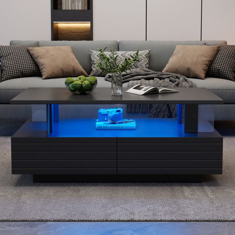 Table basse LED noire rectangulaire double couche avec rangement et Bluetooth. Pour salon,bureaux et événements,design acrylique moderne. (1/5)