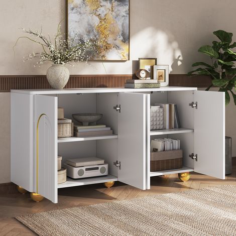 Buffet 4 portes en métal doré, meuble de rangement design pour salon et salle à manger, décor de lignes arquées, pieds sphériques, armoire basse élégante pour couloir et pièce de vie (1/5)