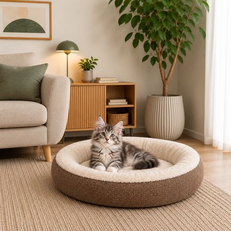 belviona Katzenbett rund, Katzenkorb in Doughnut-Form, abnehmbarer Bezug, waschbar & rutschfest, 55 cm Durchmesser, braun (1/5)