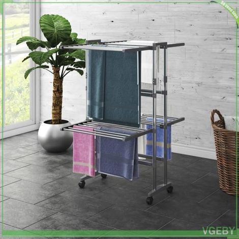 344377 étagère à linge à 2 niveaux avec roues Argenté 60x70x106 cm (1/5)