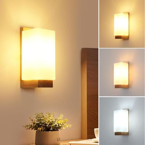 AMXCNOY Applique murale intérieure en bois chêne et verre – 1 unité – lumière tricolore (chaud/neutre/froid) avec douille E27 – pour salon, chambre ou couloir – modèle carré (1/5)