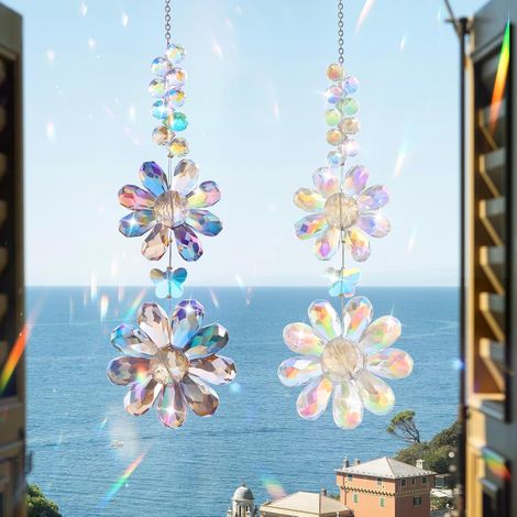 Lot de 2 pendentifs attrape-soleil en cristal - Décoration de fenêtre - Attrape-soleil en cristal - Attrape-soleil arc-en-ciel - Pendentif en cristal arc-en-ciel - Décoration de jardin