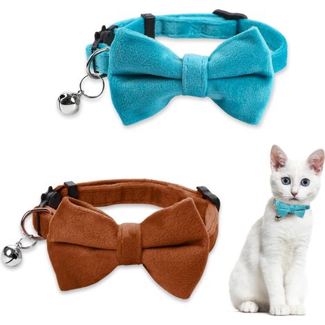 Lot de 2 colliers en velours pour chat avec nœud papillon et clochette. Colliers ajustables pour chatons, colliers de sécurité à ouverture rapide, accessoires de déguisement mignons. Boucle de sécurit (1/5)