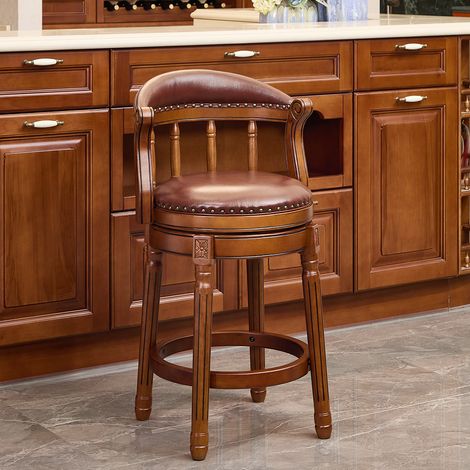 Barhocker mit Rückenlehne, 360 Grad drehbar, aus Echtleder und Holz, Braun (1/5)