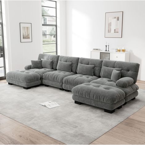 Divano modulare con pouf mobile in chenille grigio OKMYHOME (1/5)