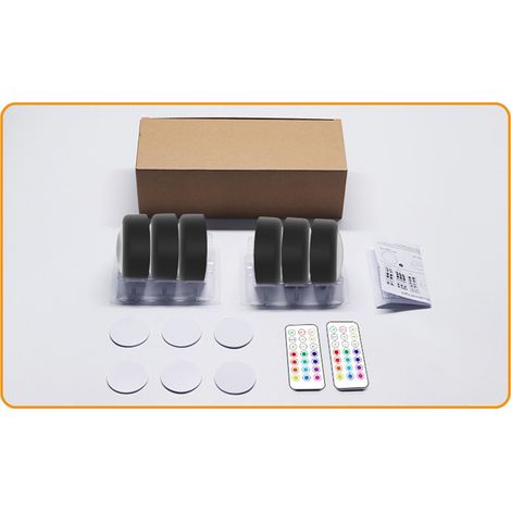 Rondelles lumineuses avec télécommande, 6 pièces, LED sous-meuble, lumière de placard à couleur changeante, compteur à piles, à coller (1/5)