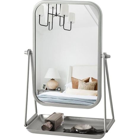 Miroir De Table Avec Espace De Rangement - Miroir De Maquillage Argenté Avec Support - Petit Miroir Sur Pied Avec Cadre En F[BI96] (1/5)