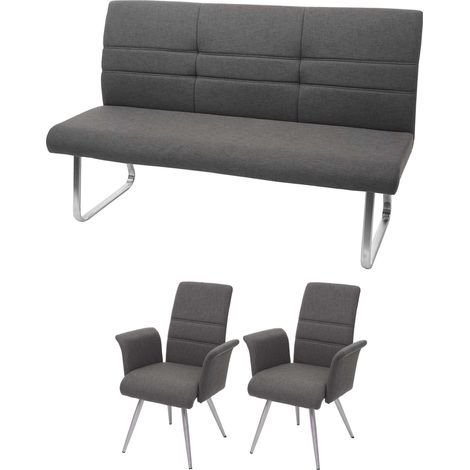 Set 2x Esszimmerstuhl+Sitzbank HHG-709, Bank Küchenstuhl Stuhl+Armlehne, Stoff/Textil Edelstahl grau-braun Bank 180cm