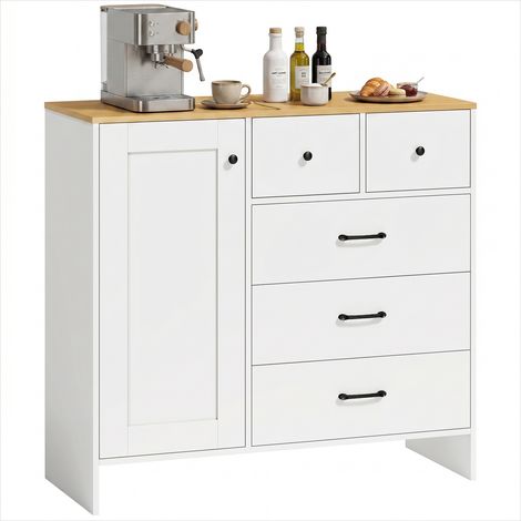 Buffet de cuisine blanc style campagne 100x40x94 cm, 5 tiroirs et placard, panneau de particules MDF (1/5)