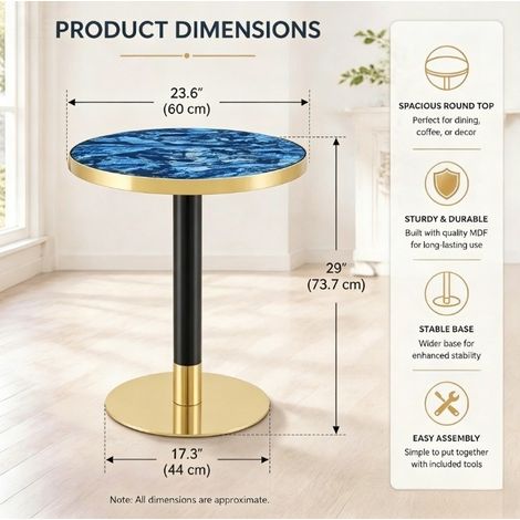 Table d'appoint ronde avec plateau effet marbre et bord doré, structure métallique noire et or, Ø 60 cm, hauteur 73,7 cm (1/5)