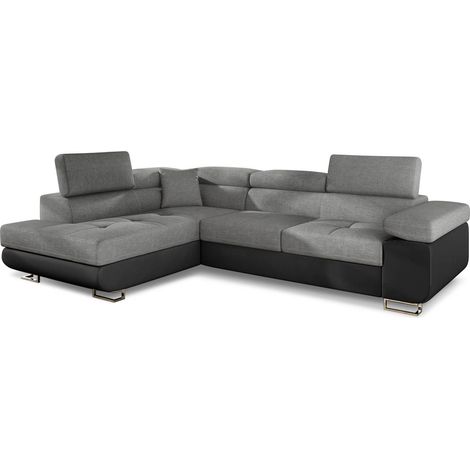 Canapé d'angle convertible Antoni avec têtières relevables Simili Noir et Tissu Gris foncé