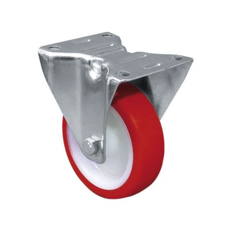 Rueda de poliuretano fija con cojinete liso para pesos de hasta 150 kg en varios diámetros Ø125mm x 35mm Placa 105 x 80mm Tornillo 13mm Alto 154mm 200kg