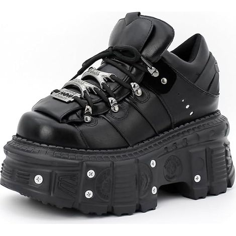 Bottines motard femme à semelle compensée, bout carré, lacets, noir métal, chaussures combat gothique, plateforme (1/4)