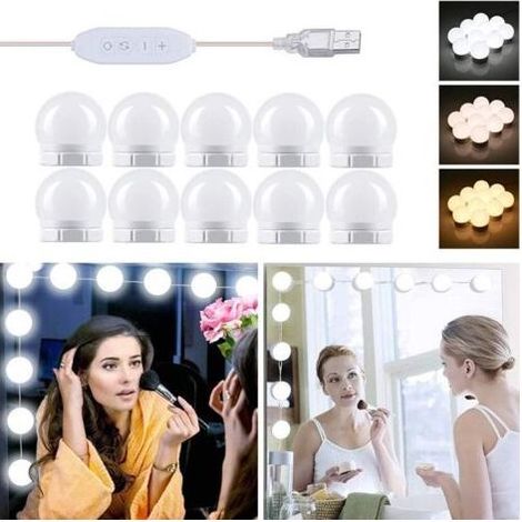Lampe de Miroir LED Style Hollywood 10 Ampoules, Câbles parfaitement Cachés, 3 Couleurs et 10 Intensités, Lumière Miroir USB pour Coiffeuse Maquillage, Boule LED Coiffeuse Adhesif pour Makeup [Classe (1/5)