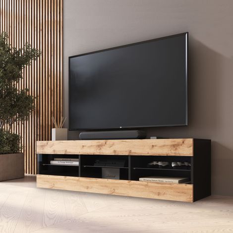 Komodee, Meuble Banc TV Tivoli 140, Noir/Wotan, Largeur 140cm x Hauteur 40,5cm x Profondeur 35cm, sans LED, pour Salon, Chambre (1/5)