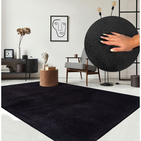 Tapis Moderne Moelleux à Poils Courts, antidérapant, Lavable Jusqu’à 30°C, Super Doux, Aspect Fourrure, pour Salon et Chambre, décoratif, Noir, 200 x 280 cm (1/5)