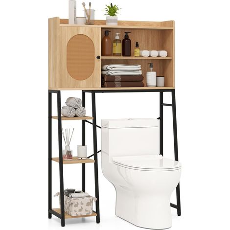 COSTWAY Scaffale Bagno 139cm sopra WC, Mobile Bagno Salvasapzio con Porta in Rattan PE, Ripiani di Stoccaggio Aperti e Supperto in Metallo, Organizzatore sopra Gabinetto, Nero e Marrone