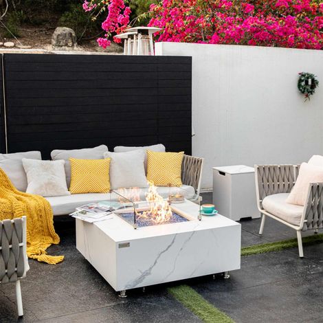 ELEMENTI Brasero BIANCO-SET Brasero au gaz de table pour l'extérieur, mobilier de jardin en porcelaine aspect marbre blanc, carré L100 x l100 x H43 cm (1/5)
