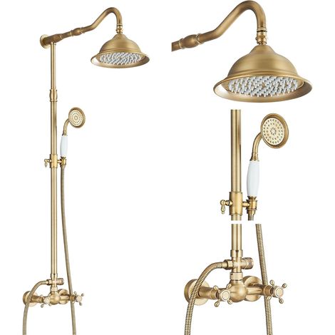 Rétro Colonne de Douche de Robinet de Douche Douche salle de bain Laiton Antique Douche Système avec 2 Sorties,Douchette de Dessus,Douchette à Main, Réglable en Hauteur(85-135 cm)