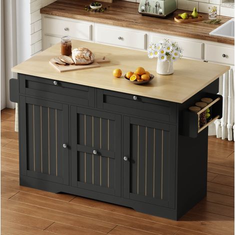 Îlot de cuisine mobile 120 x 70(45+25) x 92 cm, plateau rabattable, rangement, roulettes freinées, MDF noir (1/5)