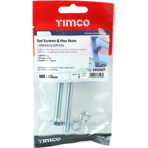 TIMCO Set Screws DIN933 Grade 8.8 & Hex Nut DIN934 Silver - M8 x 80