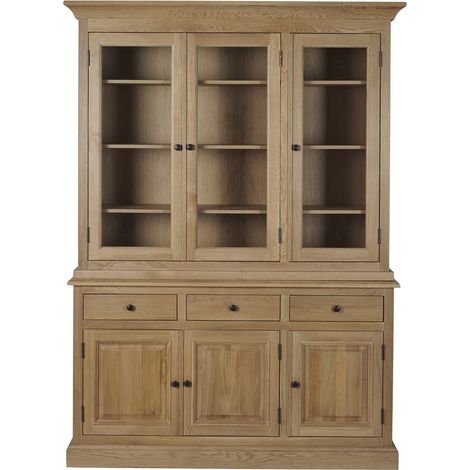 Hellin – Buffet vaisselier en chêne massif 3 portes vitrées – 3 tiroirs – Assemblage traditionnel – Finition patinée – Dimensions L 152 x P 42 x H 210 cm (1/5)