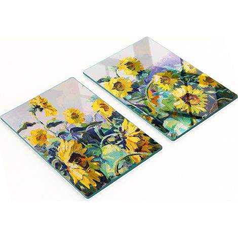 Due taglieri decorativi in vetro temperato con motivo girasoli, 2x40x52 cm (1/5)
