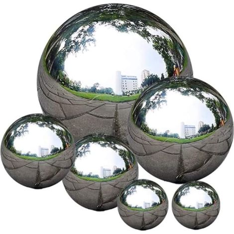 6pcs Boule de jardin, Acier inoxydable poli, Sphère réfléchissante creuse, Décoration étang pelouse patio