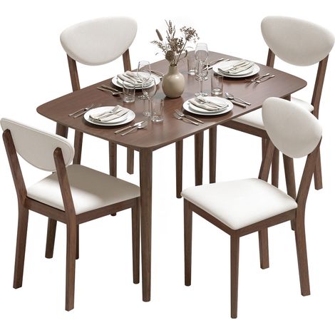 Ensemble table à manger avec 4 chaises, table de cuisine pour 4 personnes avec assises rembourrées, crème (1/5)