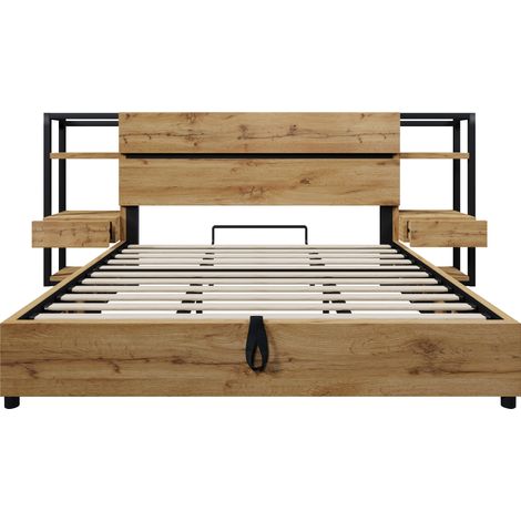 Cama doble 180x200 cm con almacenaje, cabecero con USB y Type-C, color roble (1/5)